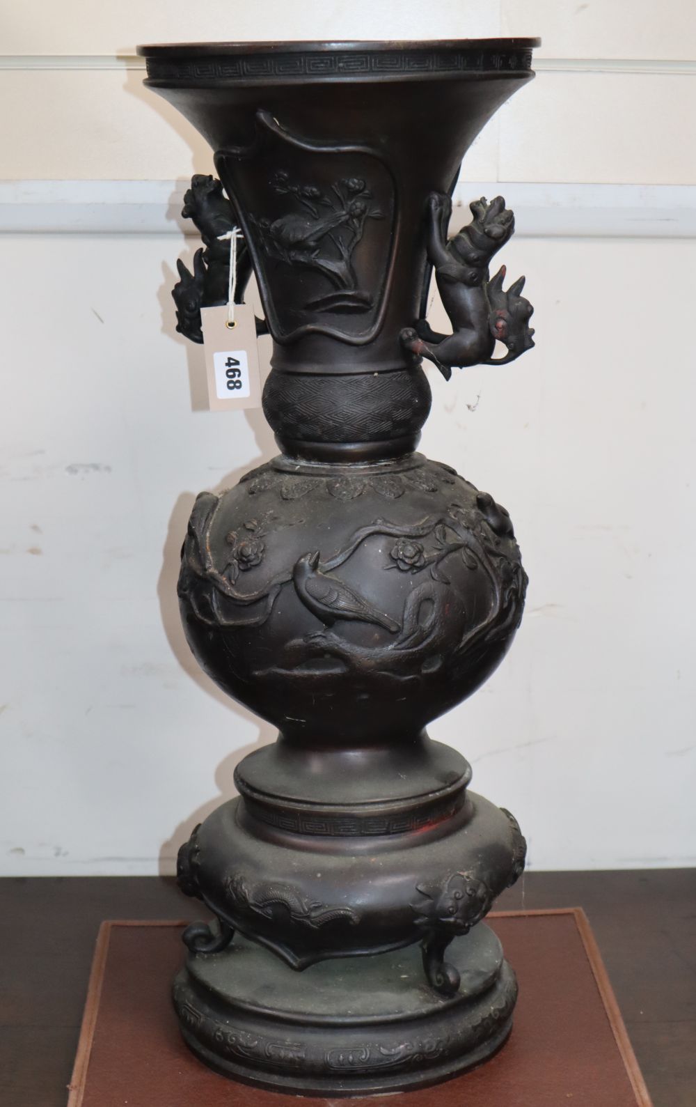 A large Japanese bronze two handled vase, Meiji period, height 67cm